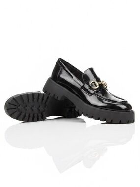 Call It Spring Clueless Loafers Glossy Black Size 8 Chunky Platform Gold Detail